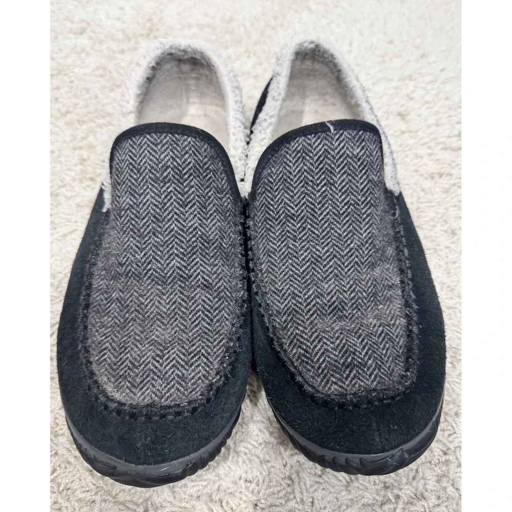 Sorel Mens Dude Moc Black Suede And Tweed Sherpa Lined Slippers Size 8 Warm Home